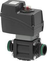 Electric proportional control valve with shaped ball. 2-way, with fork couplings.