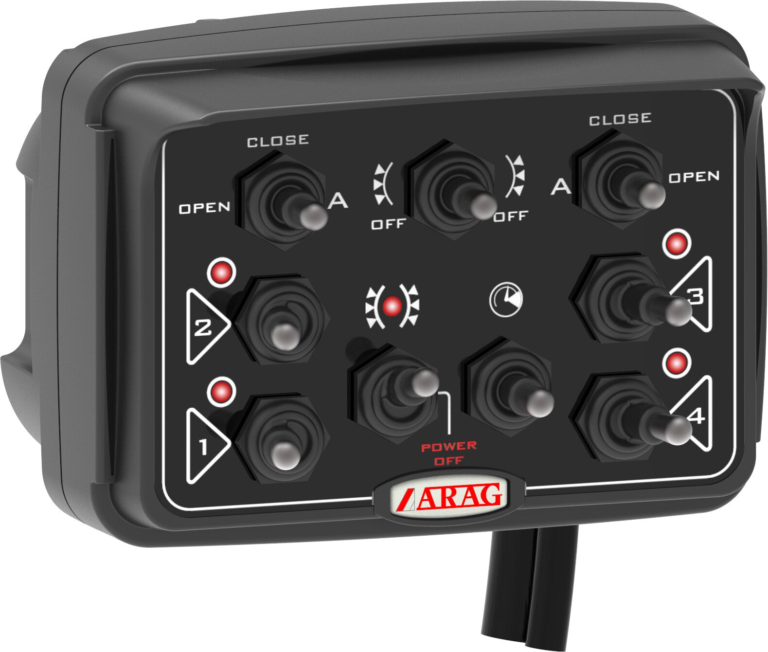 Control boxes for orchard sprayer with actuator and guard control